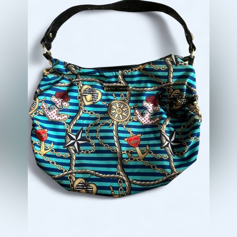Betsey Johnson Nautical Print Shoulder Bag w/ Anchor Charm